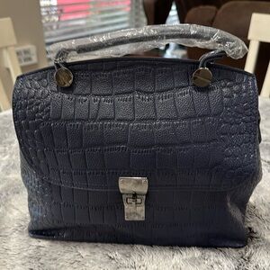 NWT Navy Blue‎ Top Handle Bag  Soft Crocodile Embossed Shoulder Strap Easy Carry